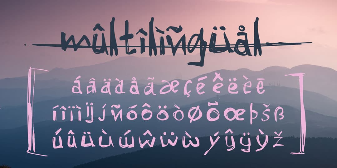 Multilingual poster with pink-to-dark-blue gradient showcasing diacritics and character coverage of Gritty Ink