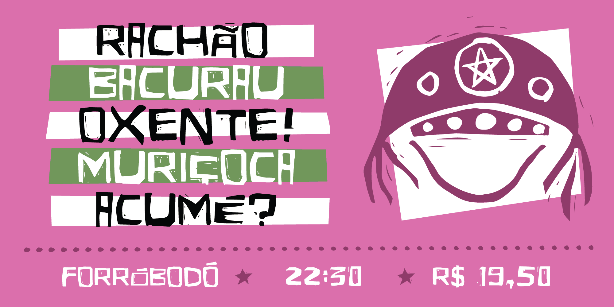 Forró event poster with Brazilian northeastern terms and leather hat in cordel woodcut style: Eldes Cordel applied in northeastern Brazilian visual identity