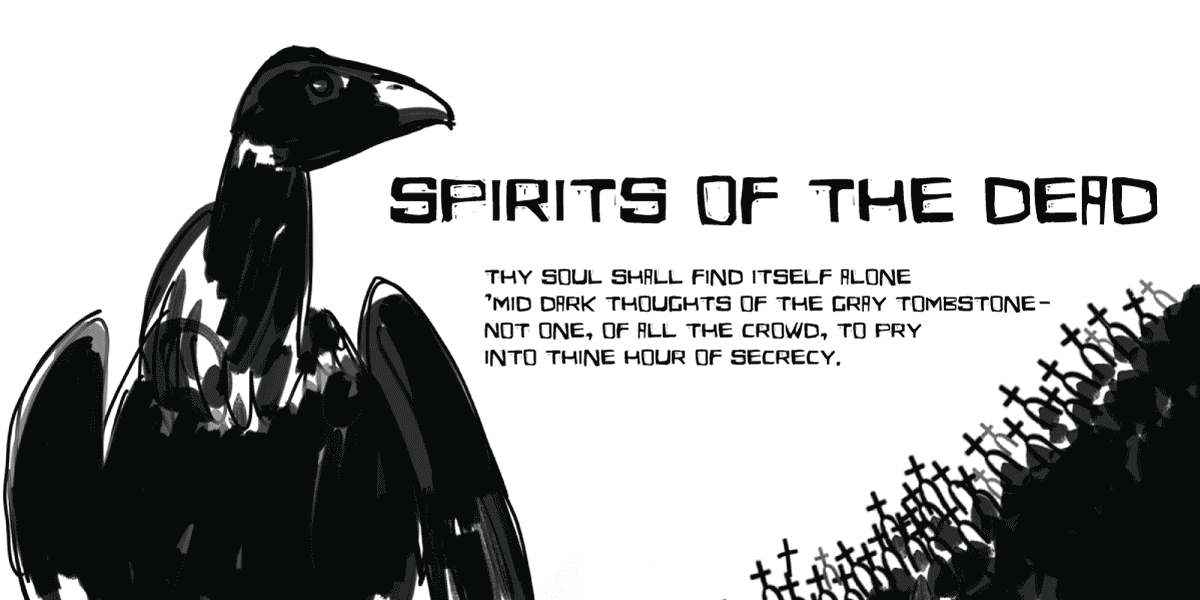 "Spirits of the Dead" poster with Edgar Allan Poe poem: vulture and cemetery illustration with title and text in Eldes Cordel — horror typography use case