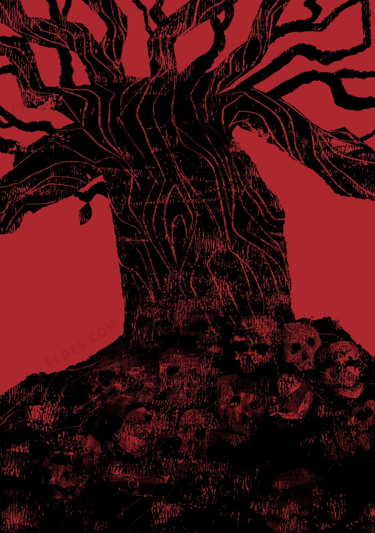 Eldes Cordel horror font — book cover illustration in woodcut style