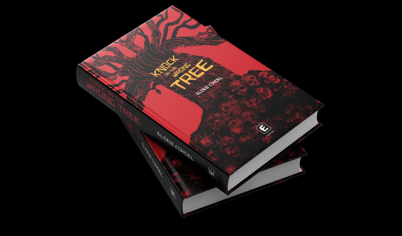 Eldes Cordel horror font — book cover mockup "Knock on the Wrong Tree" (closed)