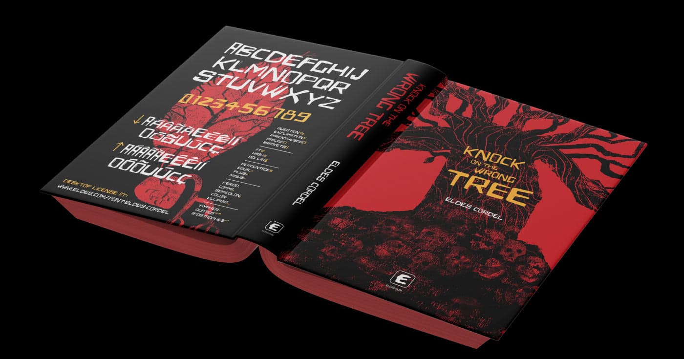 Eldes Cordel horror font — book cover mockup "Knock on the Wrong Tree" (open)