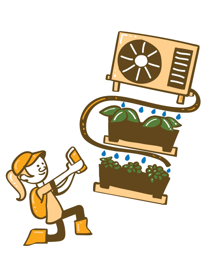 Illustration of volume 2 — Girl taking a picture of a suspended vegetable garden watered with water from an air conditioner