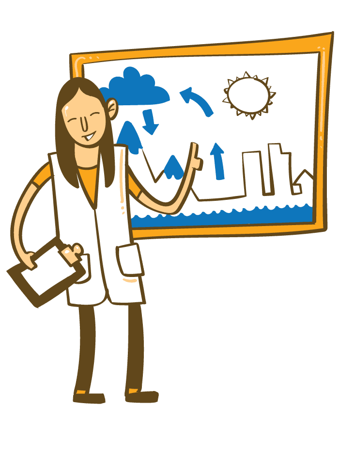 Illustration of volume 2 - Teacher and water cycle on the board