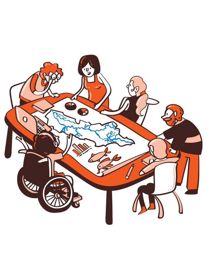 Illustration of volume 4 — People gathered around a table discussing river basins