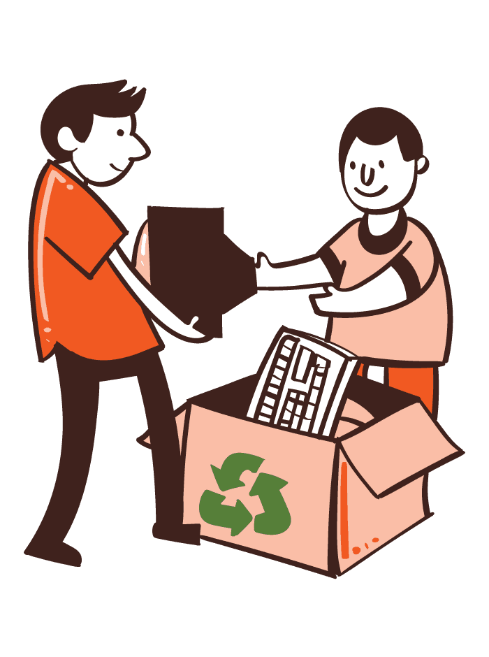 Illustration of volume 4 — Man taking a box to recycling