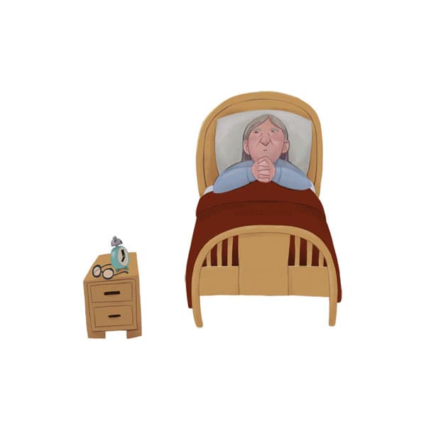 Illustration by illustrator Eldes, depicting the widow from the book The Widow and the Parrot, lying awake in bed