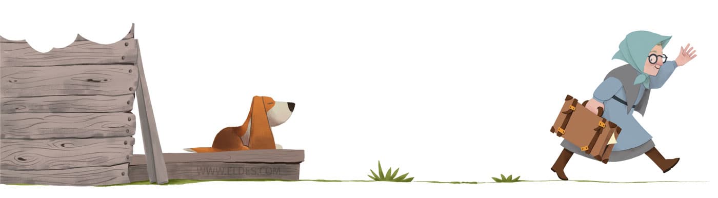Illustration created by illustrator Eldes, depicting the widow from the book The Widow and the Parrot, leaving home carrying her suitcase