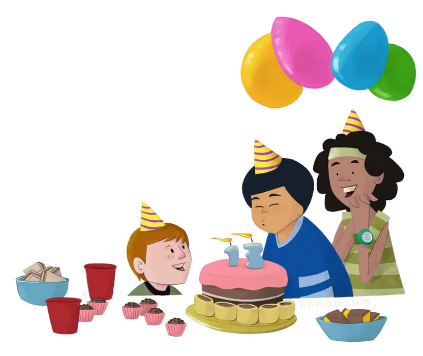 Illustration by illustrator Eldes, showing young people singing Happy Birthday, for the textbook