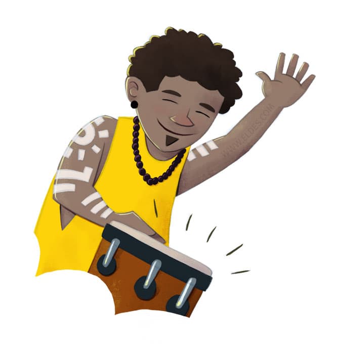 Illustration by illustrator Eldes, showing a musician playing an atabaque drum, for the textbook