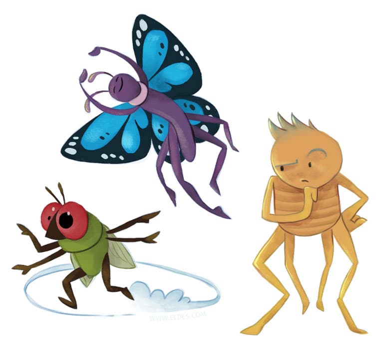 Illustration created by illustrator Eldes, showing a butterfly, a flea, and a fly, for the textbook
