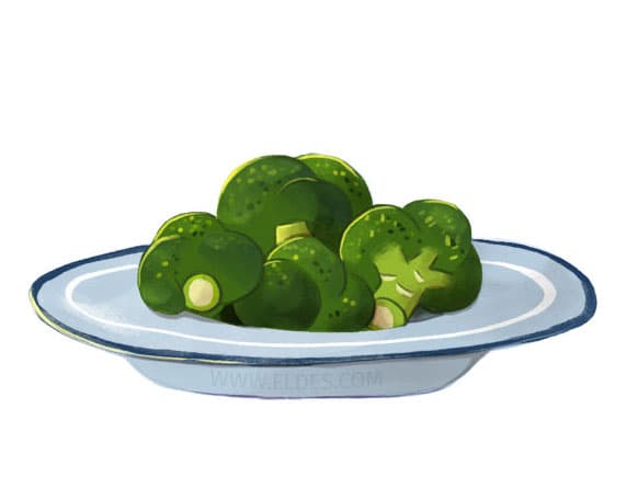 Illustration by illustrator Eldes, showing broccoli on a plate, for the textbook