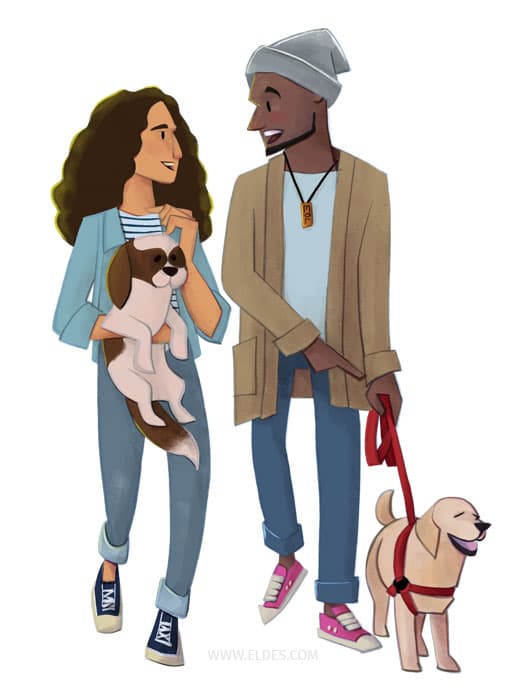Illustration by illustrator Eldes, showing two young people talking and walking dogs, for the textbook