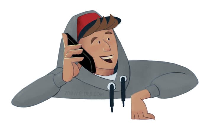 Illustration by illustrator Eldes, showing a young person talking on a mobile phone, for the textbook