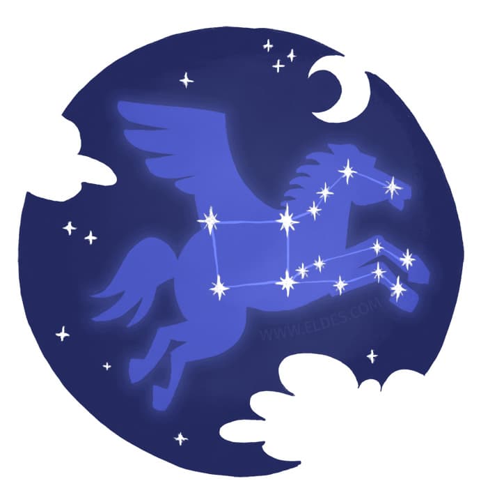 Illustration by illustrator Eldes, showing the Pegasus constellation, for the textbook