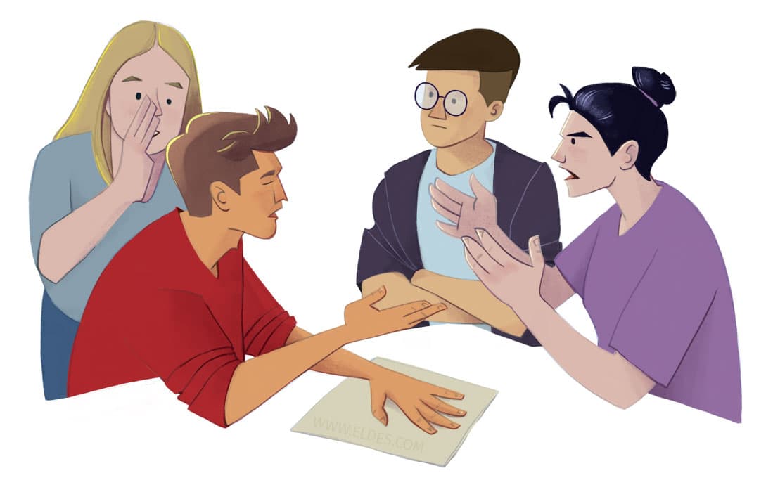 Ilustração elaborada pelo ilustrador Eldes, de grupo de jovens debatendo, para o livro didático