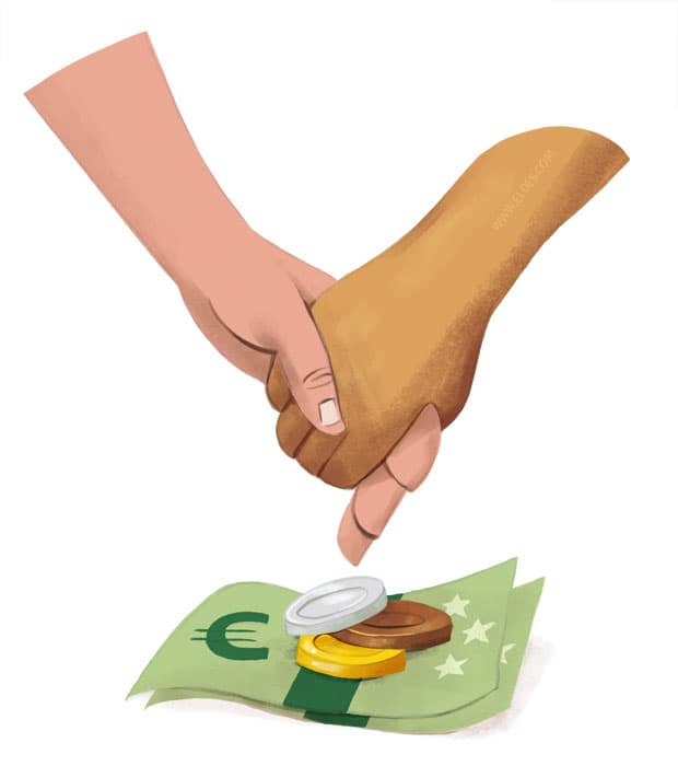 Illustration created by illustrator Eldes, showing two hands holding above banknotes and coins, for the textbook