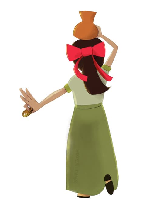 Illustration by illustrator Eldes, showing a young person carrying a jar on their head, for the textbook