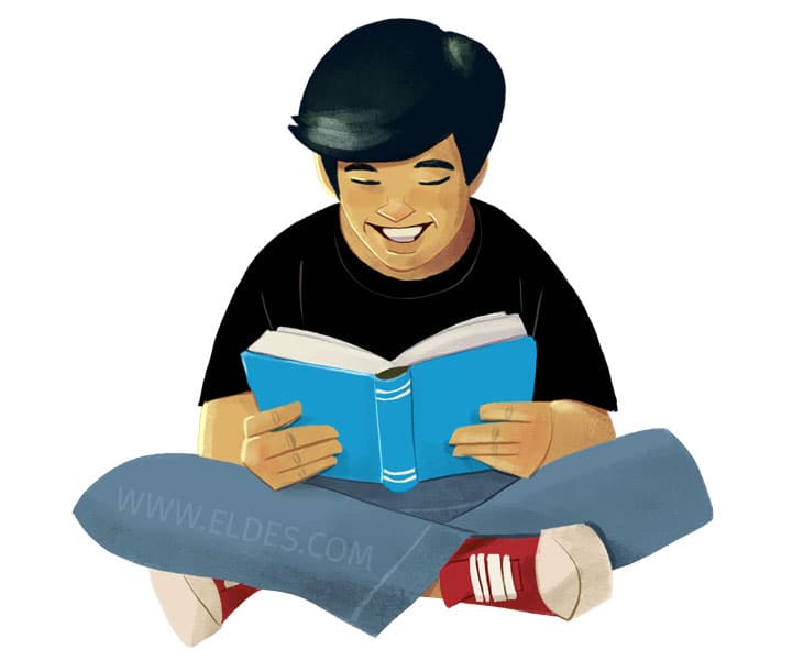 Illustration by illustrator Eldes, showing a young person reading a book, for the textbook