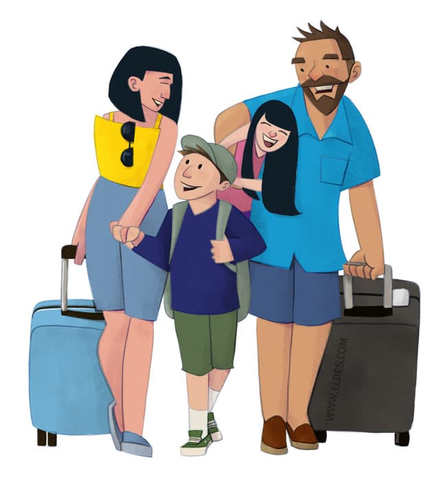 Illustration by illustrator Eldes, showing a family carrying suitcases and preparing to board, for the textbook