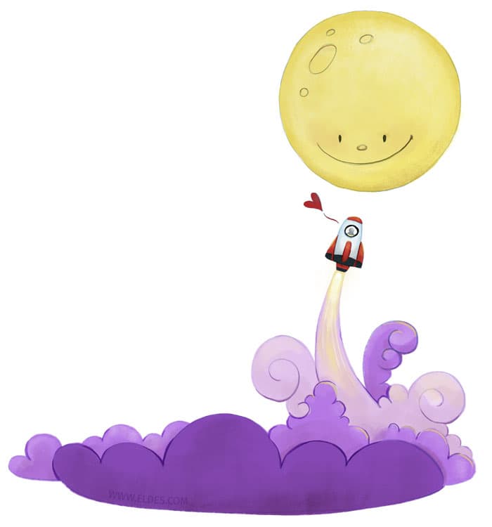 Illustration by illustrator Eldes, showing a rocket heading toward the moon, for the textbook