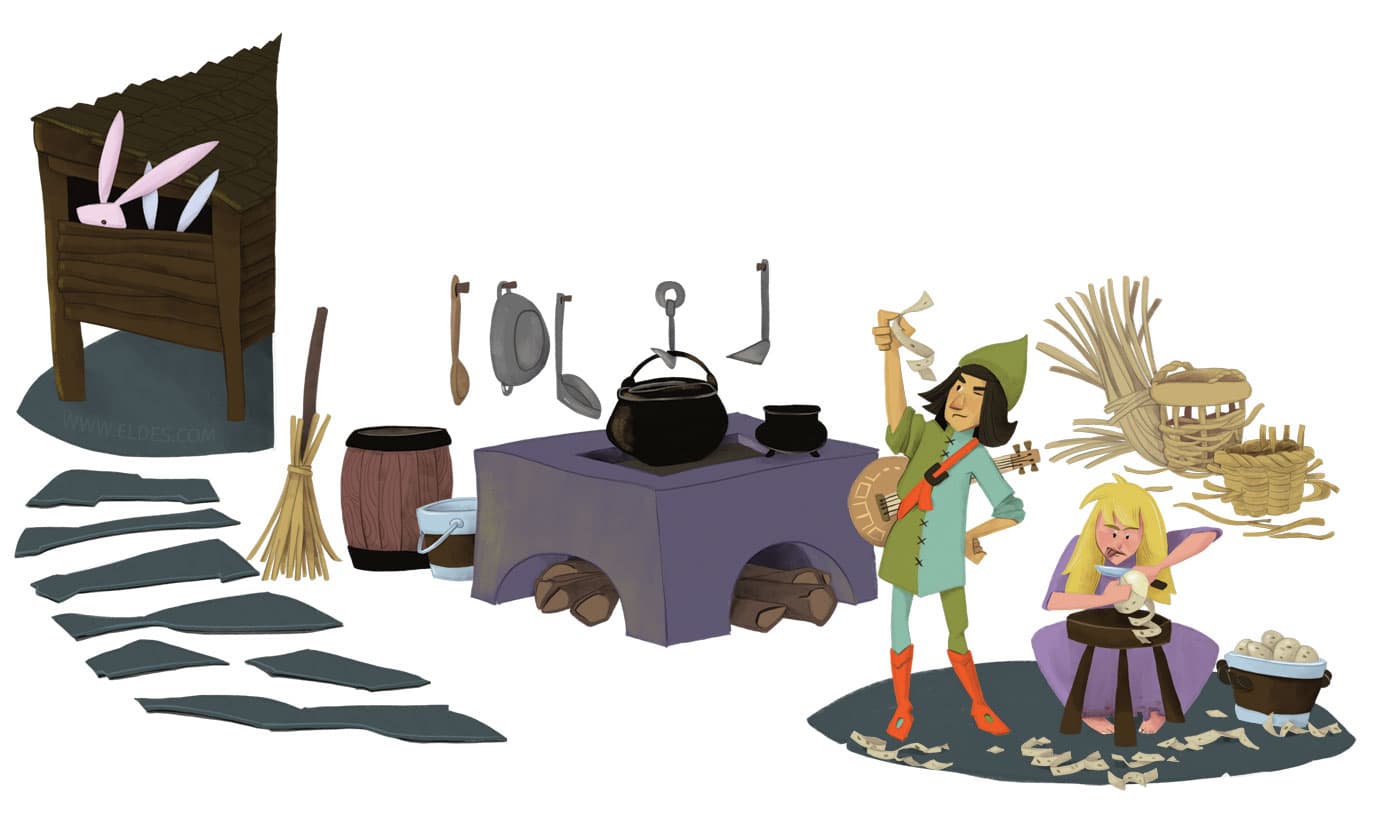 Illustration created by illustrator Eldes, depicting Princess Beatriz from the book O Príncipe Nabo, peeling potatoes