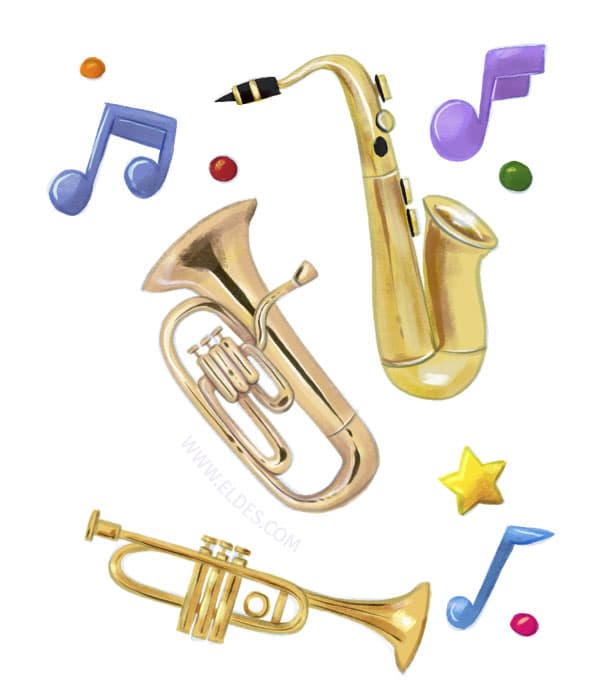 Illustration by illustrator Eldes, depicting musical instruments from the book Toca e Foge ou a Flauta sem Mágica