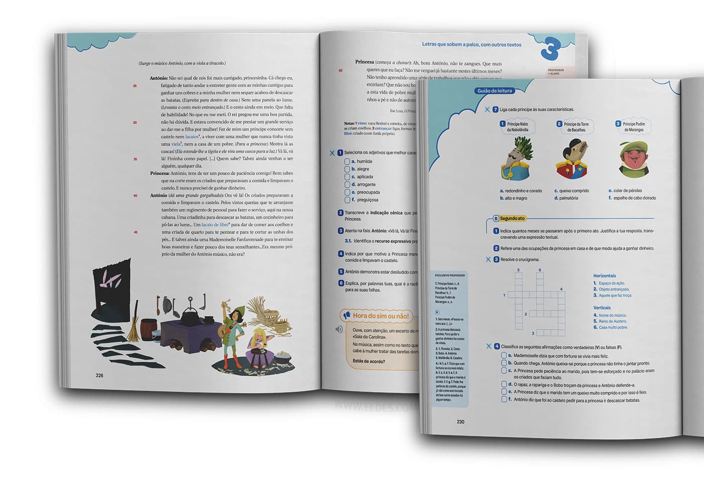 Mockup do livro didático Hora das Letras, mostrando as ilustrações relacionadas ao livro O Príncipe Nabo aplicadas nas páginas