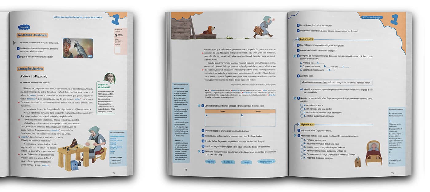 Mockup do livro didático Hora das Letras, mostrando as ilustrações relacionadas ao livro A Viúva e o Papagaio aplicadas nas páginas