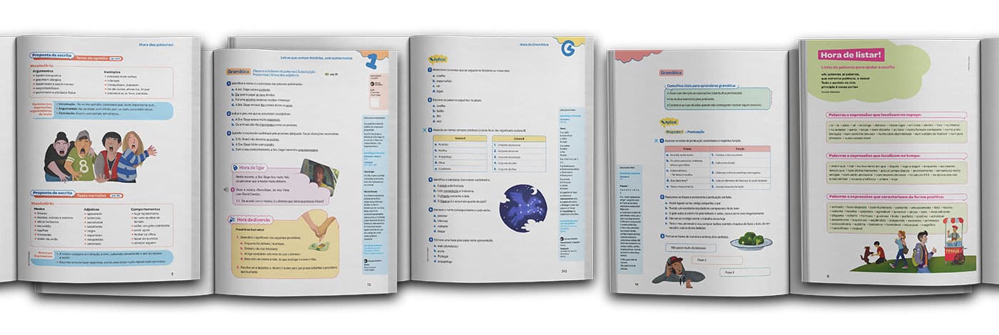 Mockup of the textbook Hora das Letras, showing several of the previous illustrations applied to the pages