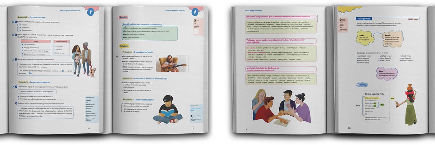 Mockup of the textbook Hora das Letras, showing several of the previous illustrations applied to the pages