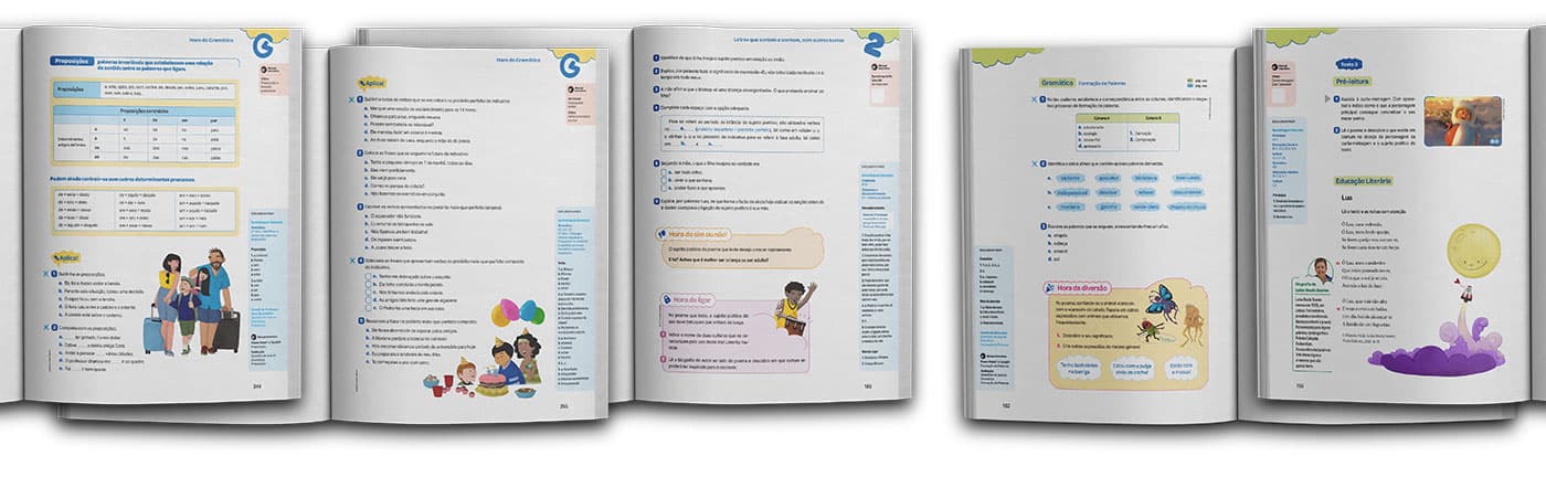 Mockup of the textbook Hora das Letras, showing several of the previous illustrations applied to the pages