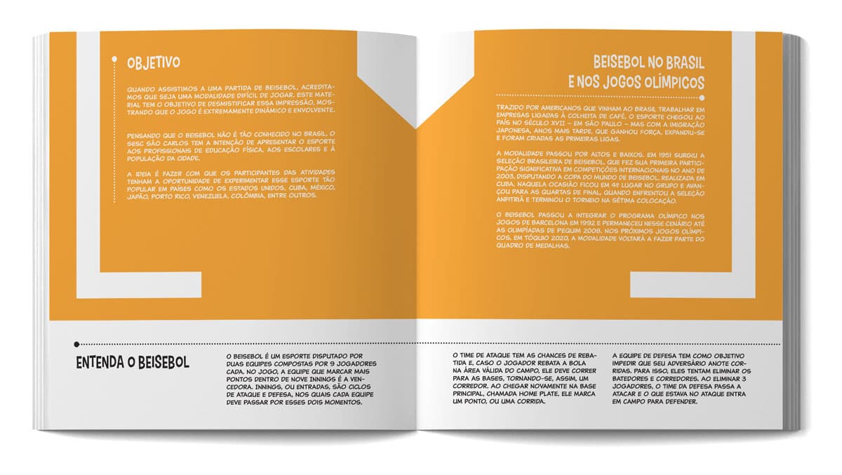 Mockup show pages 4 and 5 (Guide goal, history of baseball at Brazil, Introduction to baseball)