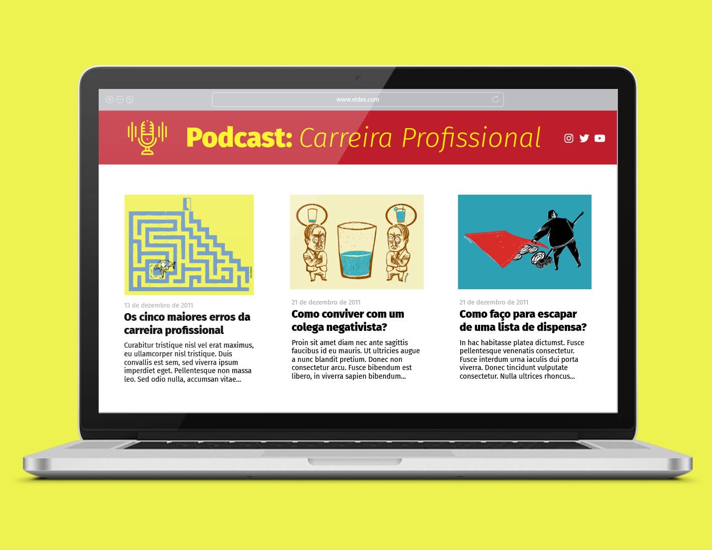 Maquete digital mostrando algumas das ilustrações sendo aplicadas no site do podcast.