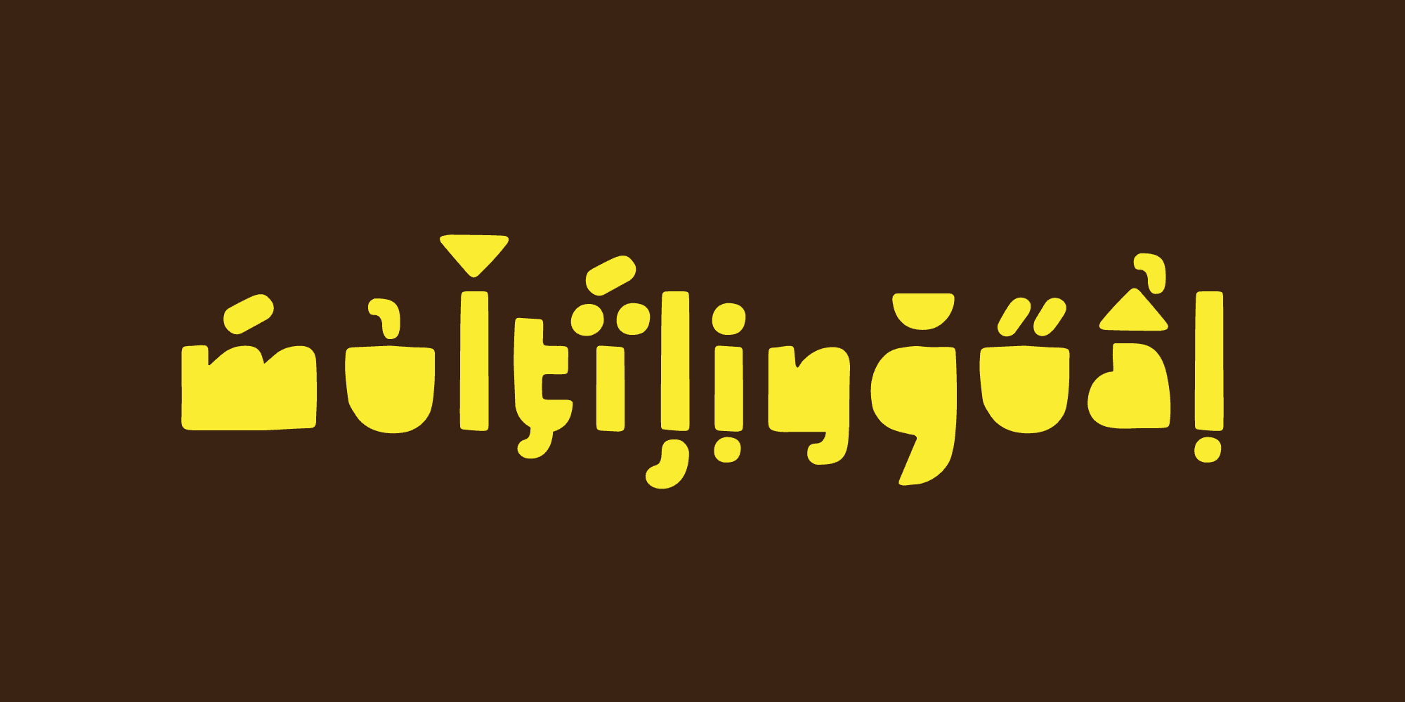 Tapoca rendering the word "multilingual" with extensive diacritical marks, in yellow over a brown background