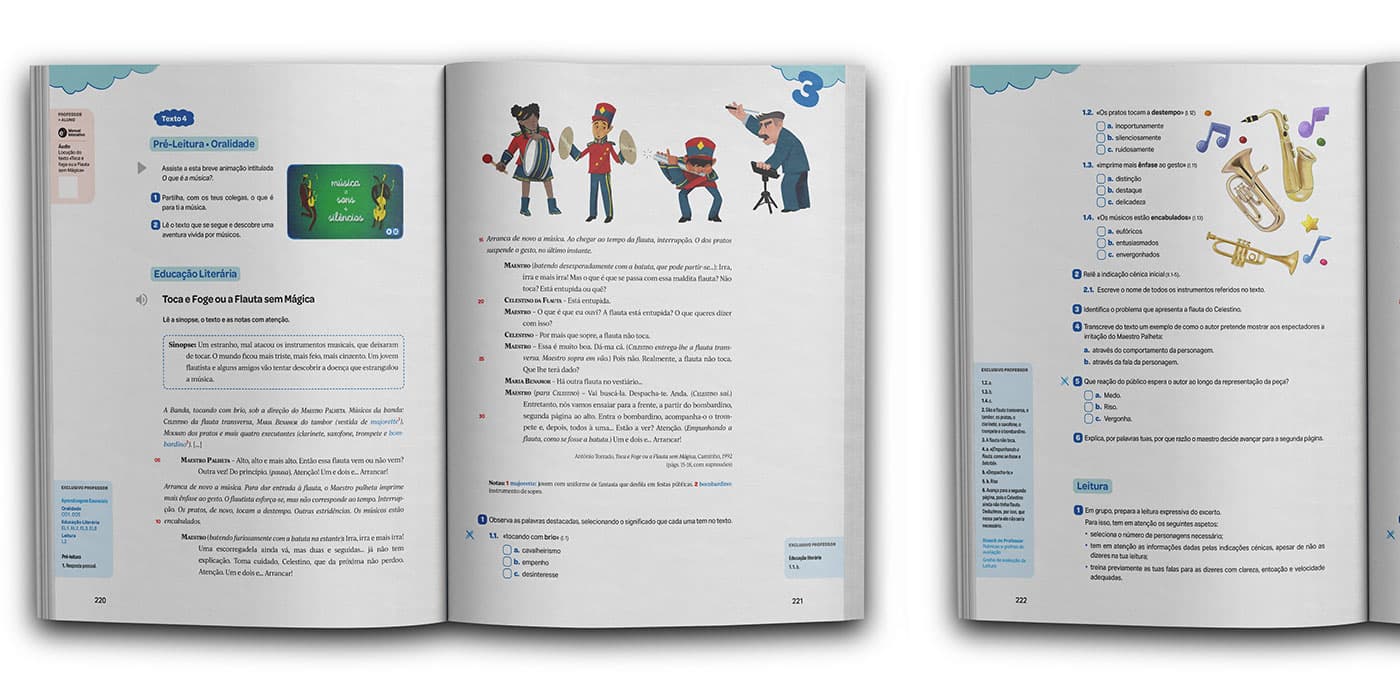 Mockup do livro didático Hora das Letras, mostrando as ilustrações relacionadas ao livro Toca e Foge ou a Flauta sem Mágica aplicadas nas páginas