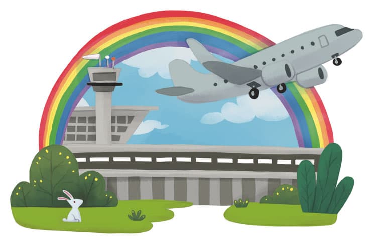 Illustration by illustrator Eldes, depicting an airport with a plane taking off under a rainbow, for the textbook Hora das Letras