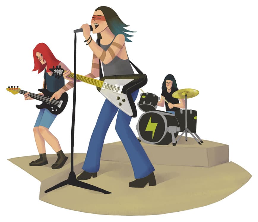 Illustration by illustrator Eldes, depicting a rock band performing on stage, with a singer, a bassist, and a drummer, for the textbook Hora das Letras
