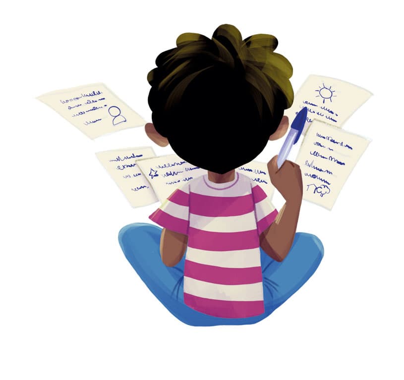 Illustration by illustrator Eldes, depicting a child seen from above, sitting and writing notes surrounded by sheets of paper, for the textbook Hora das Letras
