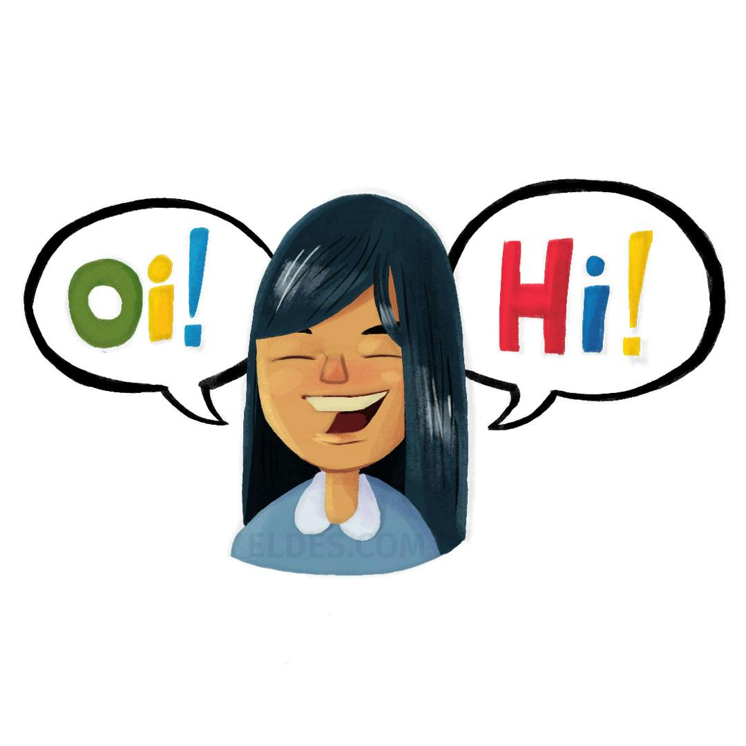 Illustration of a bilingual girl saying "Oi" and "Hi"