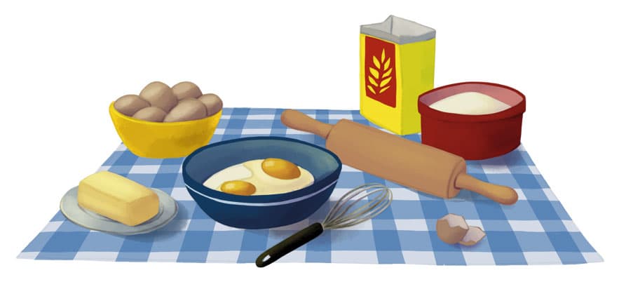 Illustration by illustrator Eldes, depicting cake ingredients laid out on a checkered tablecloth: eggs, butter, flour, sugar, and a rolling pin, for the textbook Hora das Letras