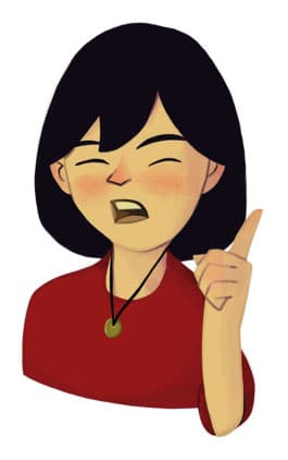Illustration by illustrator Eldes, depicting the face of a young person pointing a finger with conviction, for the textbook Hora das Letras