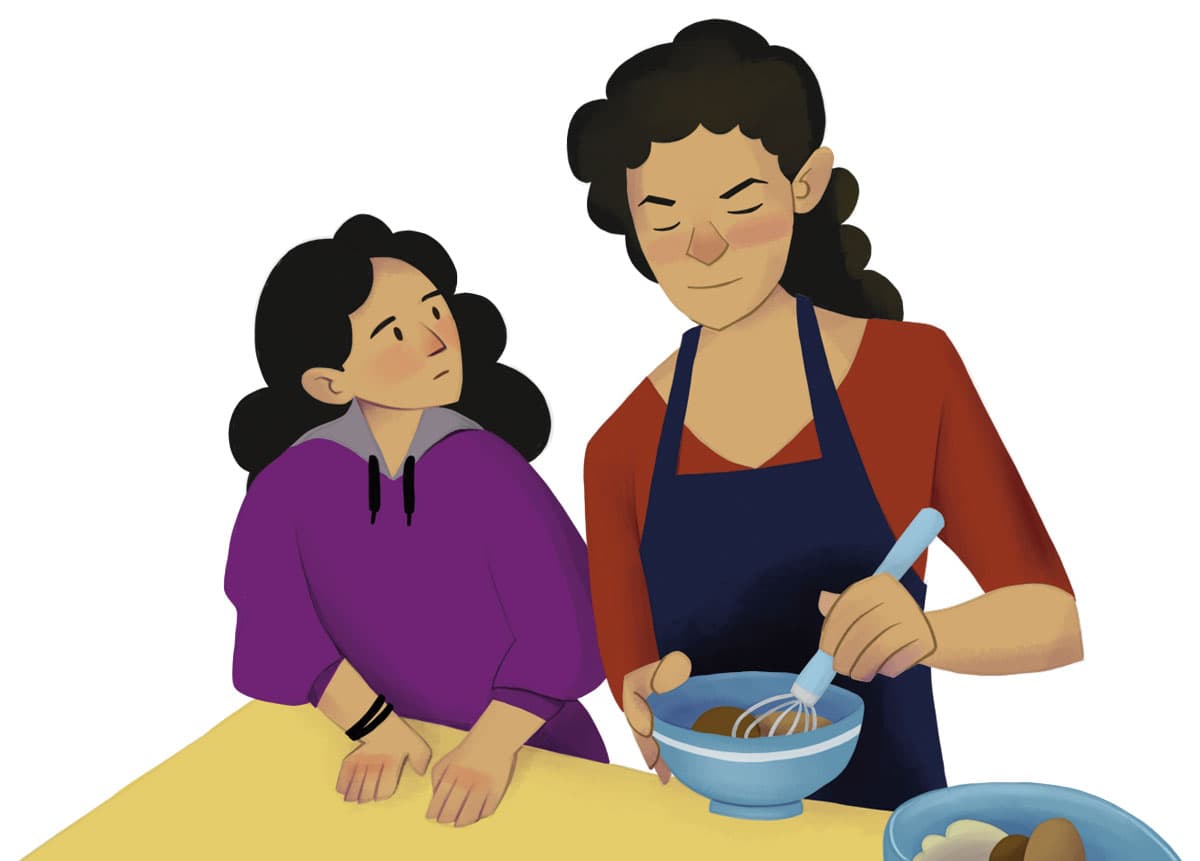 Illustration by illustrator Eldes, depicting a mother and daughter cooking together, mixing ingredients in a bowl, for the textbook Hora das Letras