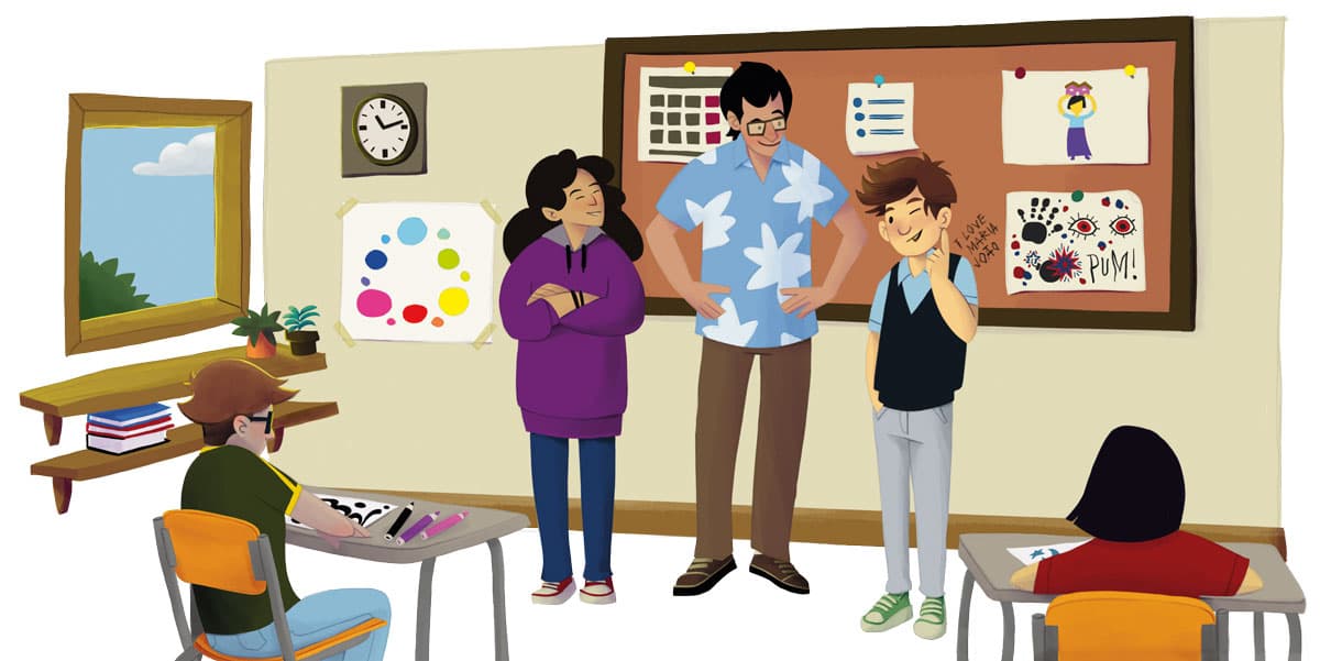 Illustration by illustrator Eldes, depicting a classroom with a teacher and students in front of a bulletin board with drawings, for the textbook Hora das Letras