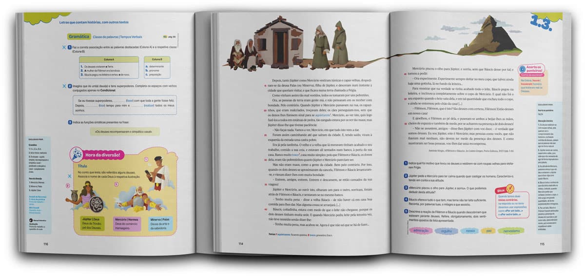 Mockup of the textbook Hora das Letras, showing illustrator Eldes's Greco-Roman mythology illustrations applied to the pages