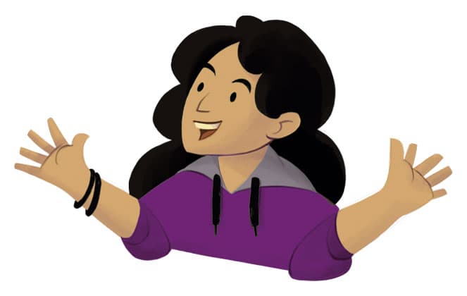 Illustration by illustrator Eldes, depicting a young person with arms spread wide, in an enthusiastic expression, for the textbook Hora das Letras