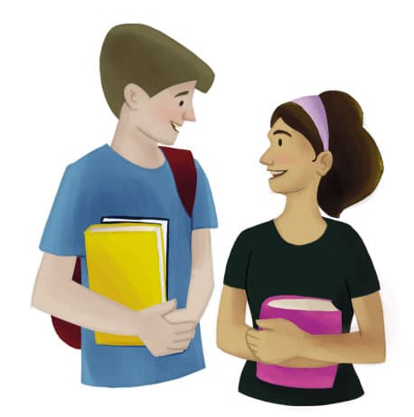 Illustration by illustrator Eldes, depicting two young students chatting while carrying schoolbooks, for the textbook Hora das Letras