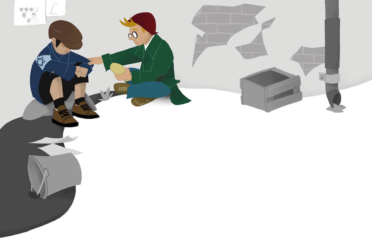 Illustration by illustrator Eldes, in grayscale, depicting a boy wearing a Star of David armband sitting by a ruined building, receiving food from another boy, for the textbook Hora das Letras