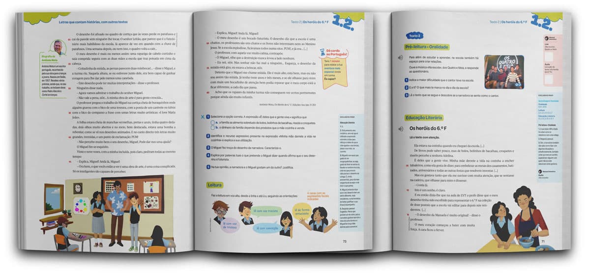 Mockup of the textbook Hora das Letras, showing illustrator Eldes's illustrations applied to the pages