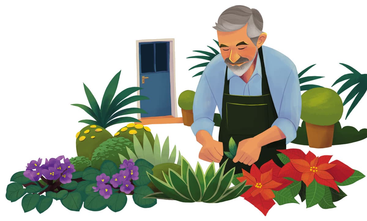 Illustration by illustrator Eldes, depicting a gardener tending to plants and flowers by a door, for the textbook Hora das Letras